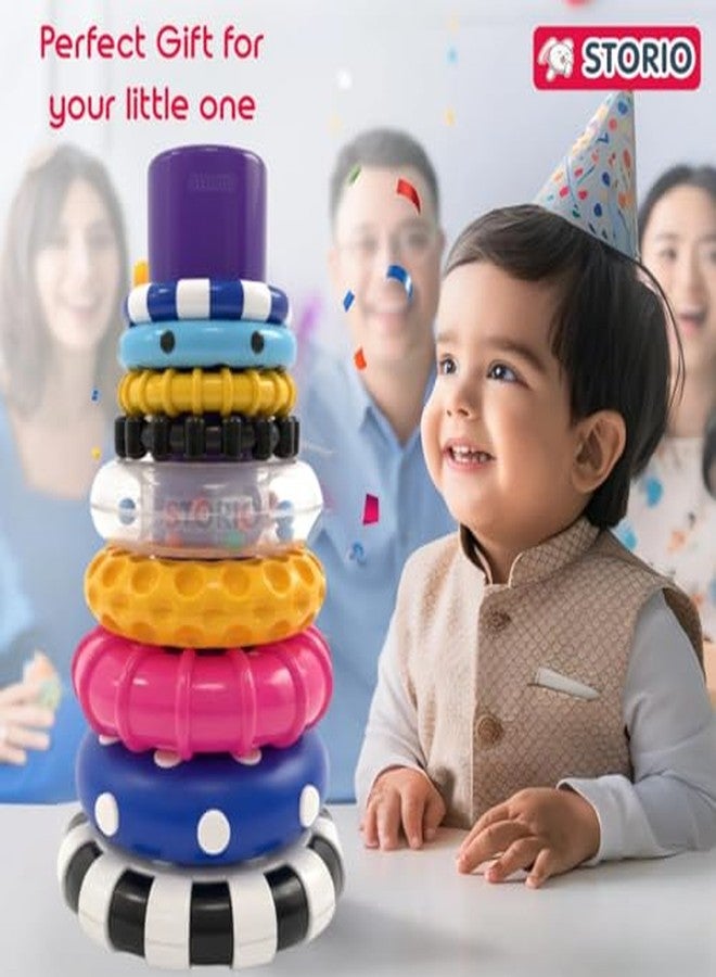 Storio Stacks of Circles Stacking Ring Toy for Babies 6+ Months | 9-Piece Multi-Color STEM Learning | Educational Baby Toy for Fine Motor Skills | Textured Rings with Sound Beads | Montessori Learning - Image 4